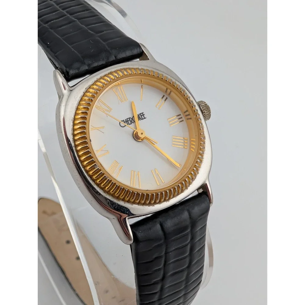 Vintage Cherokee Watch Women‎ 23mm Silver Case Black Leather Band- New Battery